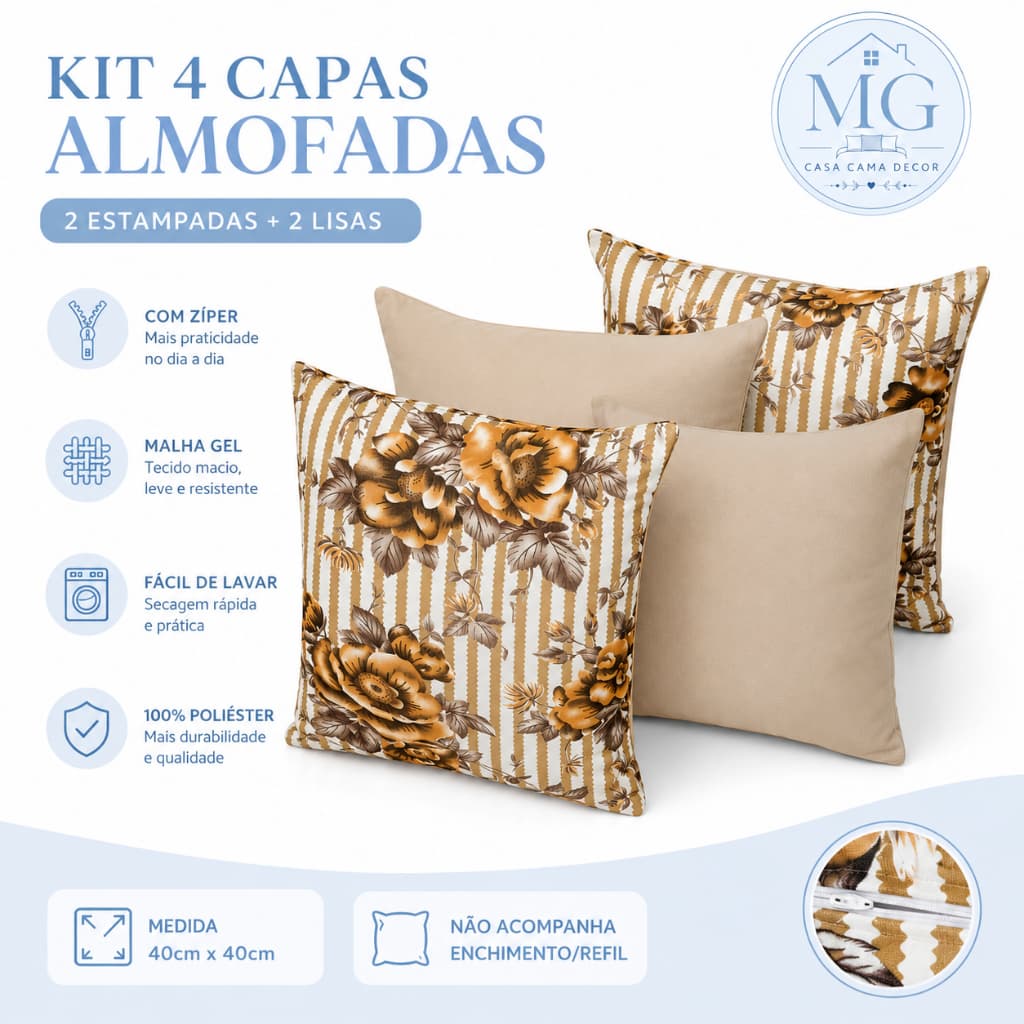 Kit 4 Capas de Almofada Malha Gel com Zíper 40x40 Decorativa Macia