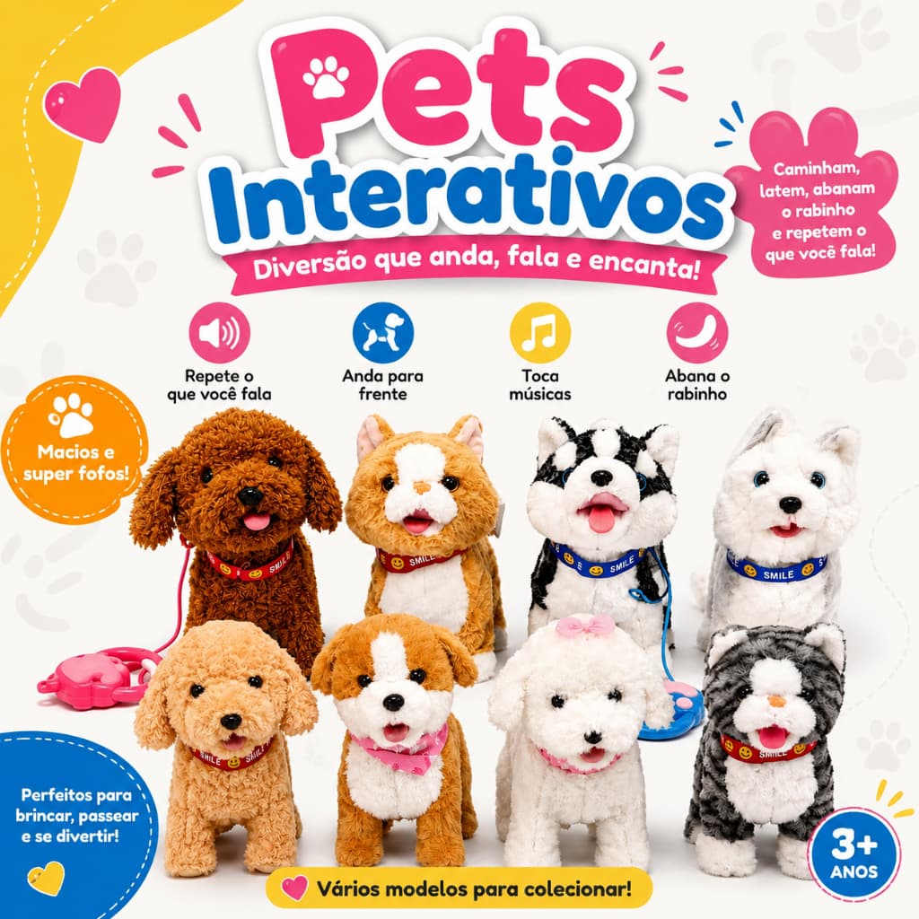 Pelucia Pet Cachorrinho e Gatinho que Anda Late Lambe Abana o Rabo Fala Toca Musica