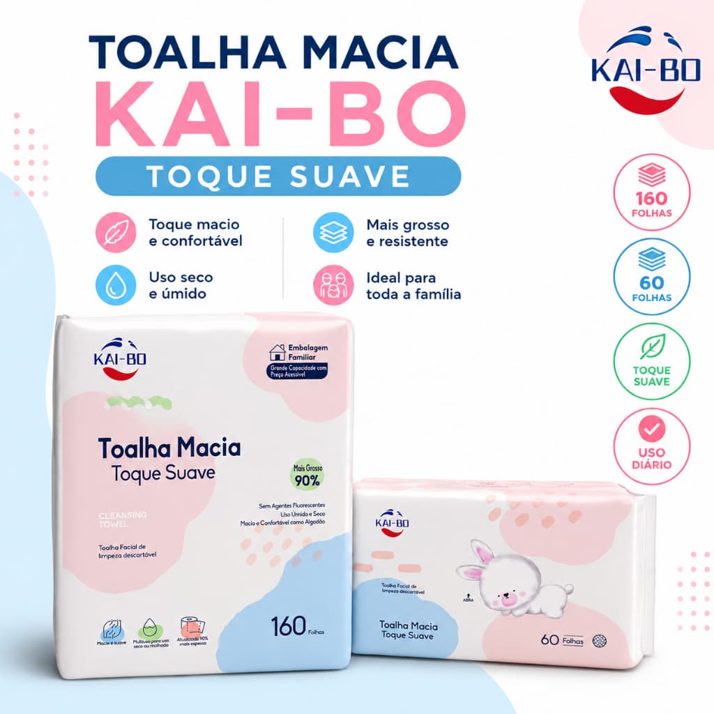 Toalha Facial Descartável Kai-Bo Toque Suave 160 e 60 Folhas