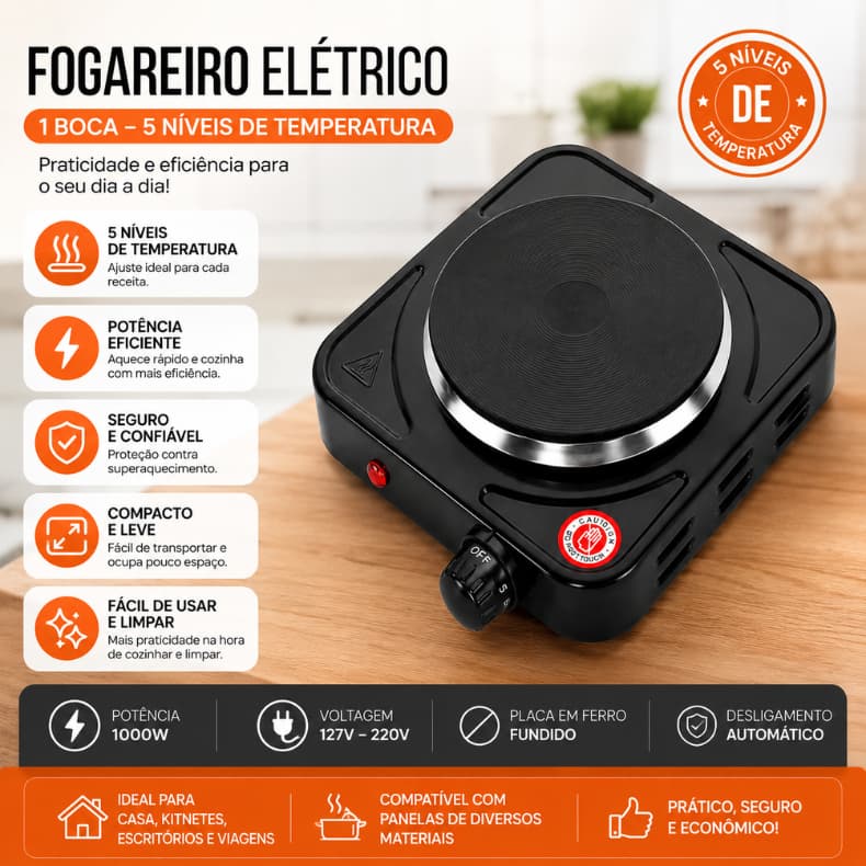Fogareiro Elétrico 1 Boca Portátil 5 Níveis de Aquecimento 127V/220V 1000W