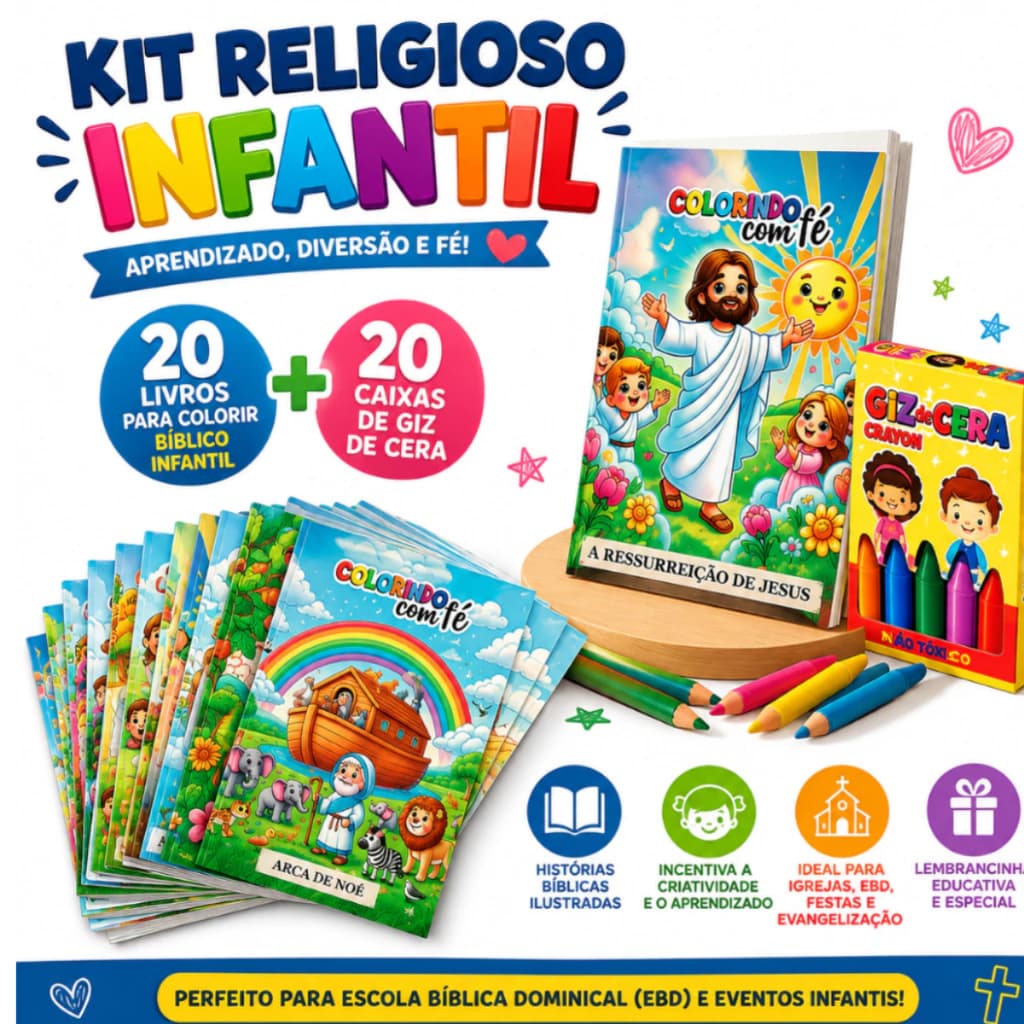 20 Livros para Colorir Bíblico Infantil + 20 Caixas de Giz de Cera Kit Escola Bíblica EBD