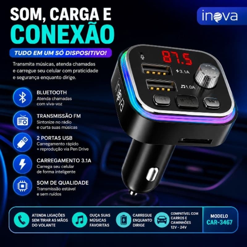Transmissor FM Bluetooth Veicular 2 USB MP3 Player Carregador Rápido Hands Free Rádio Carro 12V 24V INOVA