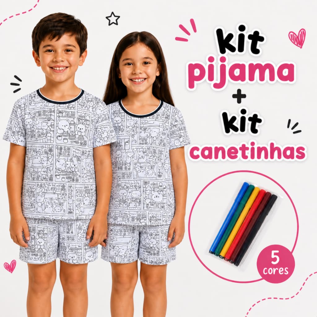 Kit 1 Pijama Infantil para Colorir + 1 Kit Canetinhas