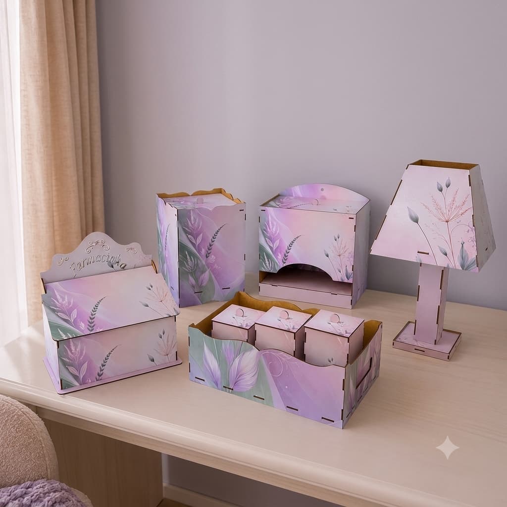 Kit Organizador Cômoda Trocador Quarto Bebê Recém Nascido Farmacinha Lixeira Porta Fraldas 8 Peças