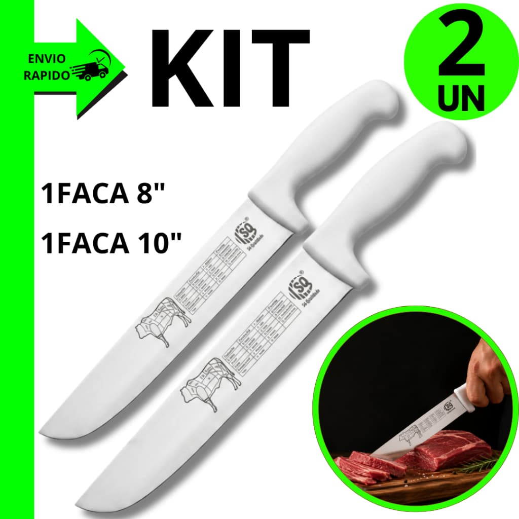 Kit 2 Peças Faca 8"/10" Cabo Branco com Mapa do Boi para Cortes Profissional em Aço Inox Casa Cozinha
