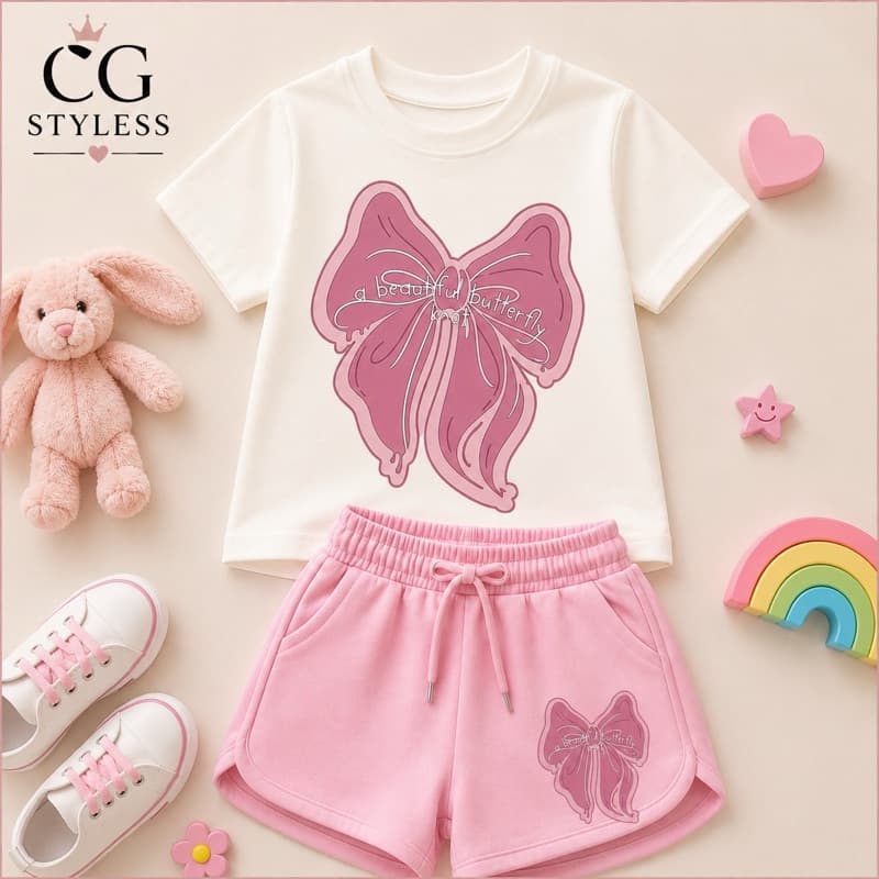 Conjunto Infantil Feminino Camiseta e Short Moletinho Laço Rosa Menina Verão Casual Confortável Roupa Infantil 2 ao 16