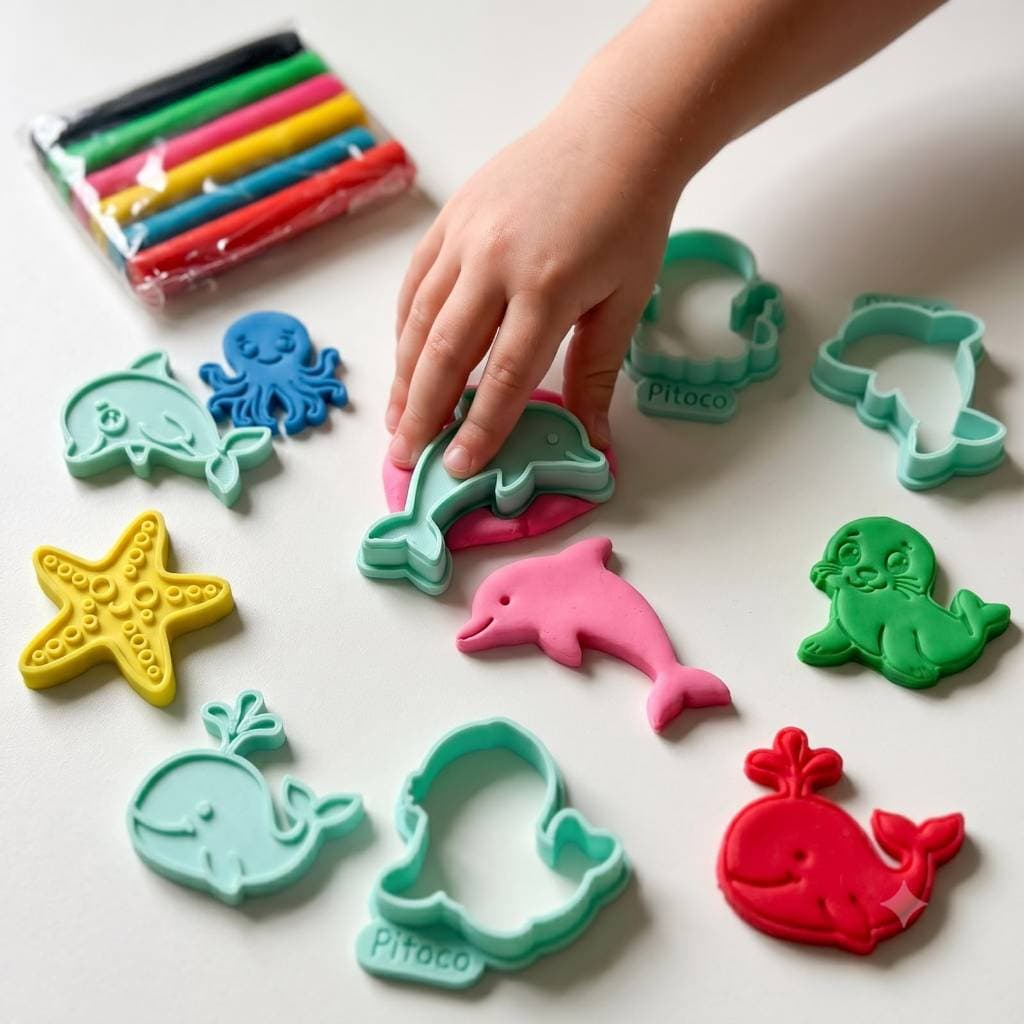 Kit Animais Fundo do Mar Cortadores e Carimbos + Massinha de Modelar | Brinquedo Educativo Pedagógico