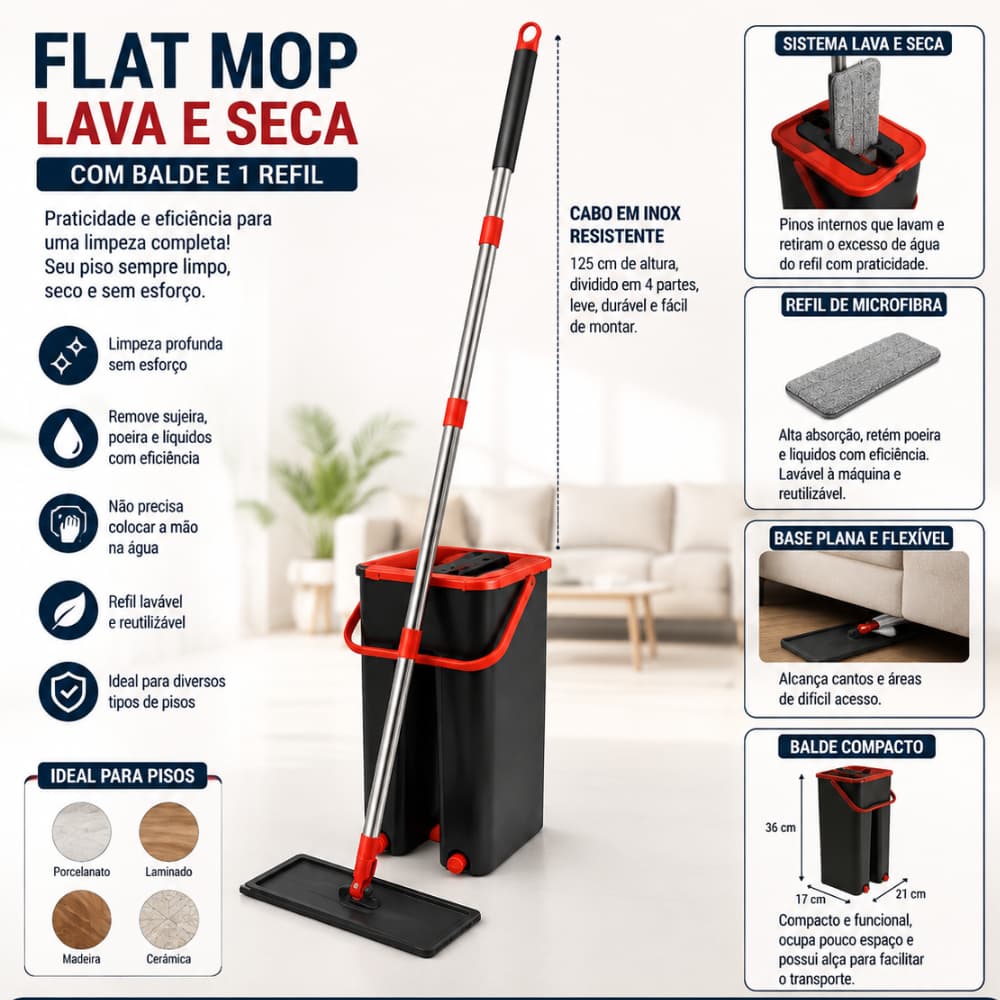Flat Mop Rodo Lava e Seca com Balde e 1 Refil, fácil de armazenar, cabo ajustável