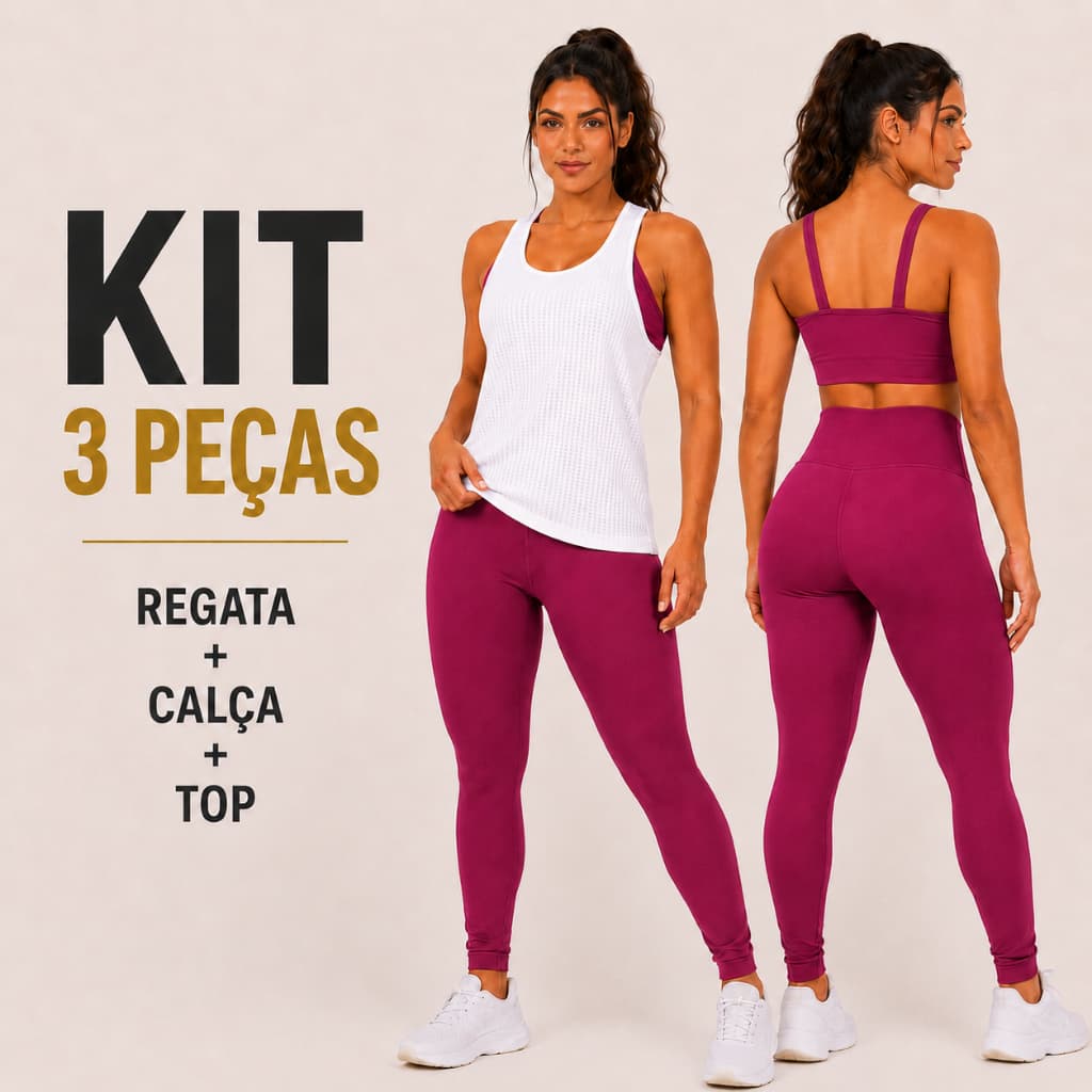 KIT 3 Conjuntos Feminino Fitness Completo Com Regata Calça Legging E Top Para Academia P Ao GG