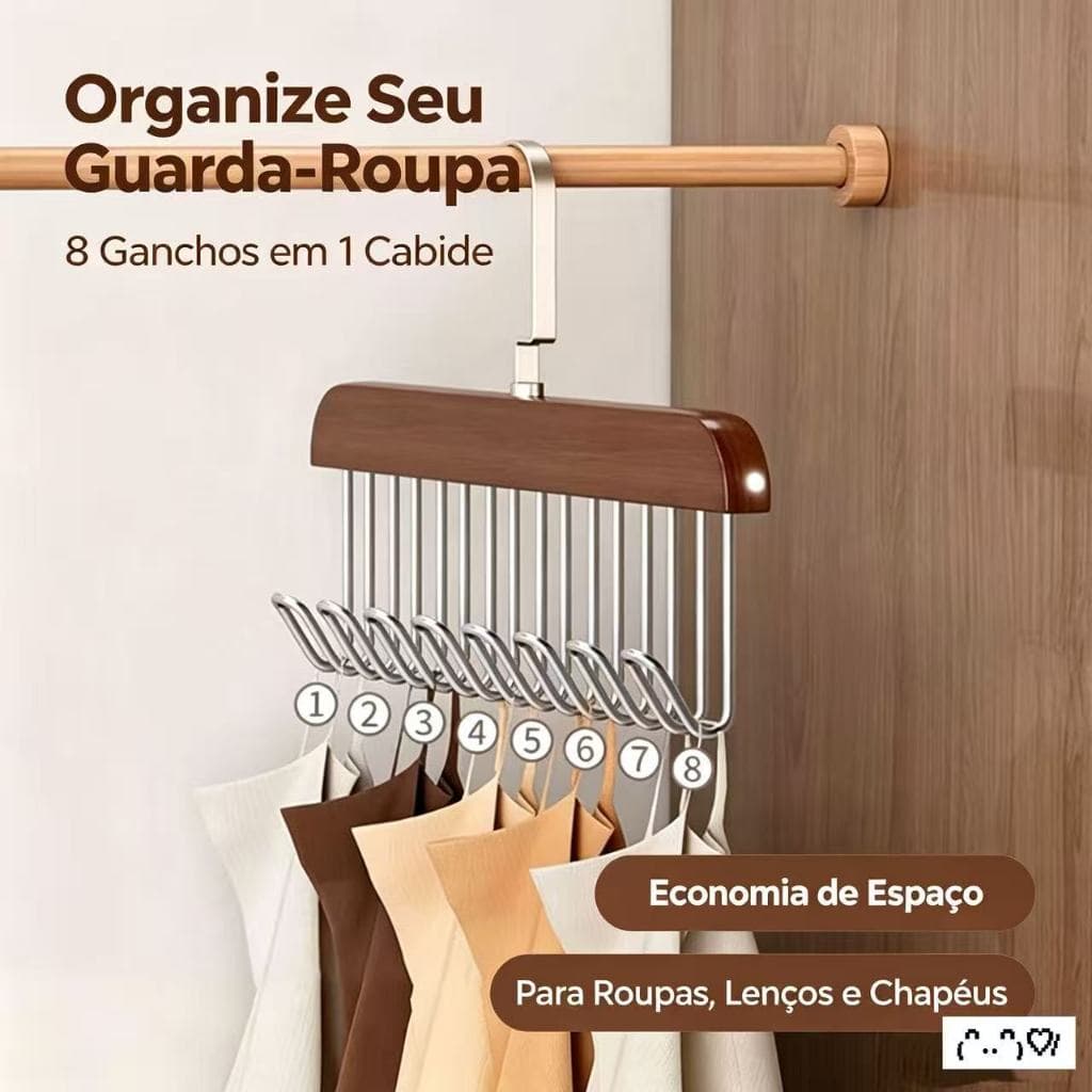 Cabide de Madeira Multifuncional 8 Ganchos Organizador de Guarda-Roupa para Sutiã, Lenços, Calças e Acessórios