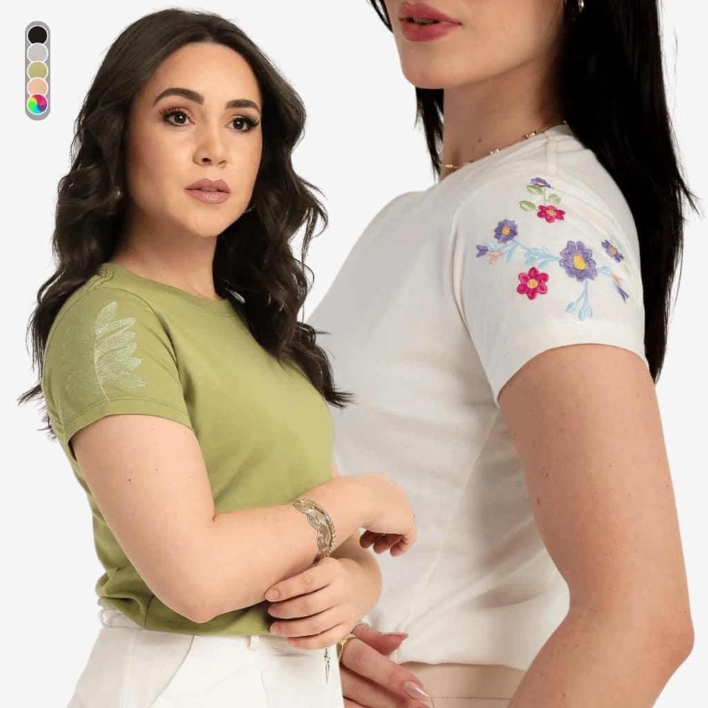 Blusa Feminina Manga Bordada Flores 100% Algodão Camiseta Tshirt Casual Elegante Básica