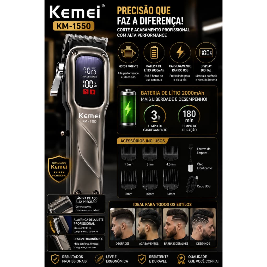 Maquina Profissional De Cortar Cabelo e barba Kemei Km-1550 6 Pentes usb sem fio corte e acabamento visor de led