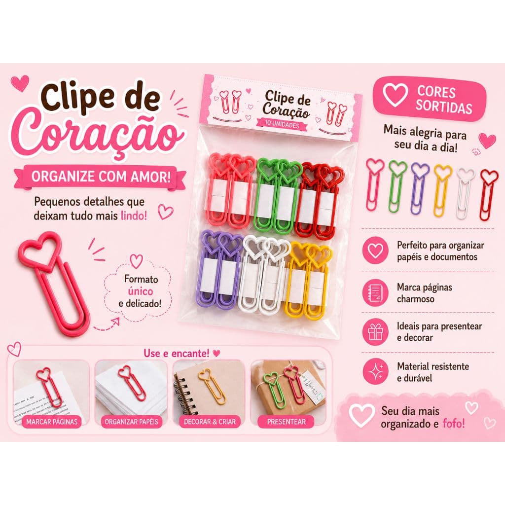 Kit Clipes de Coração Coloridos para Agenda, Planner, Papel e Marcador de Página