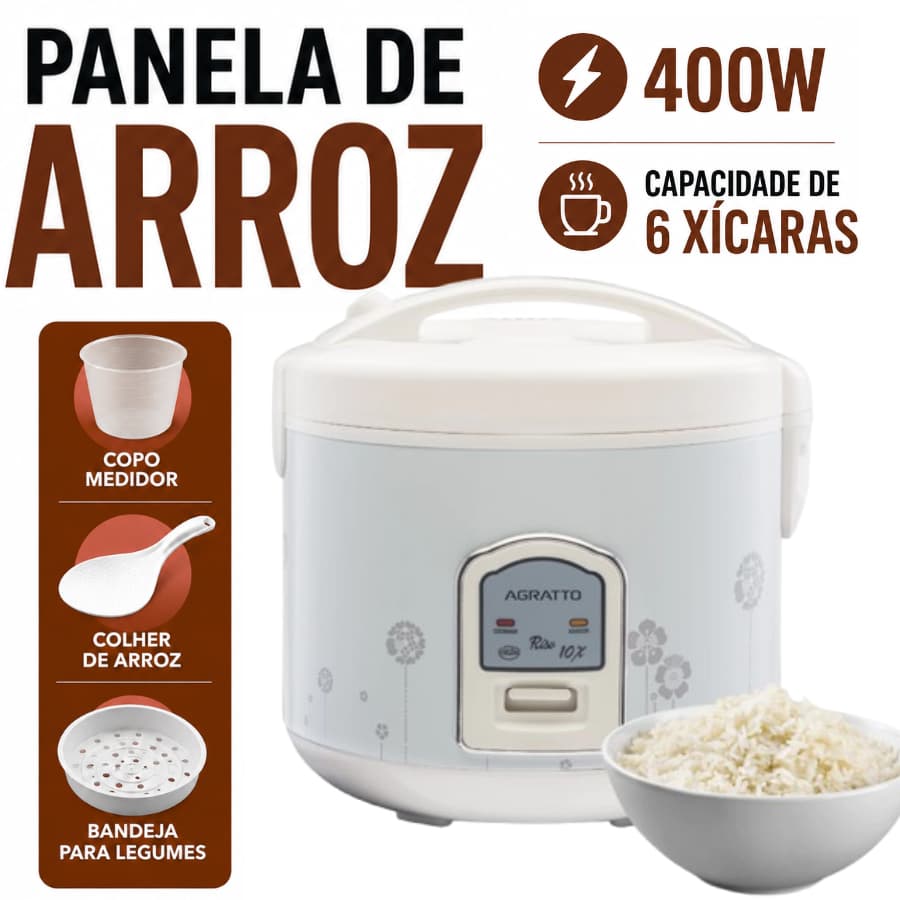 Panela De Arroz E Legumes 127V Capacidade 6 Xicaras 400W Timer De Desligamento Automatico