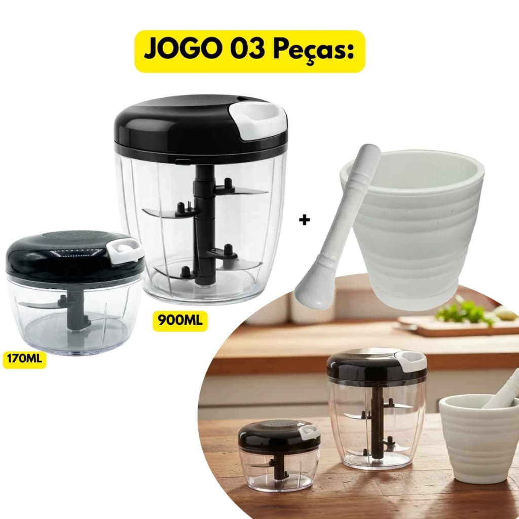 Jogo Kit 03 Pçs Processador 900ML+170ML+ Pilão Socador Triturador Alho Cebola Tempero Batedor Manual