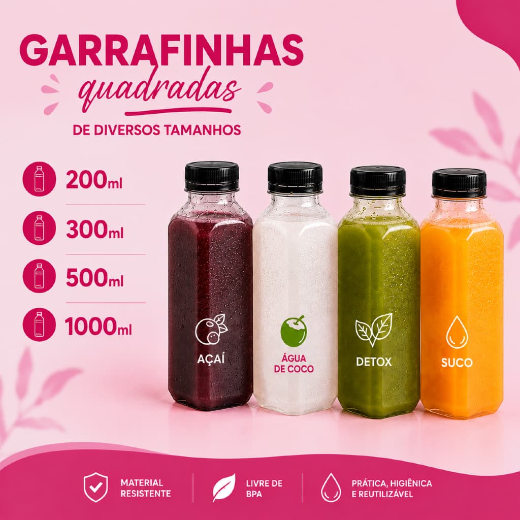 Garrafas PET Quadrada Tampa Com Lacre Sucos Açaí Detox Agua de Coco 200ml 300ml 500ml