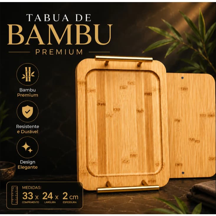 Bandeja de Bambu Premium Com Alça Dourada Multiuso 33x24x2cm Luxo