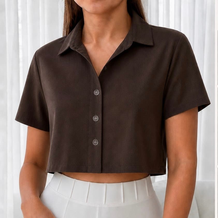 Camisa Social Cropped Manga Curta Femenina em Crepinho Premium