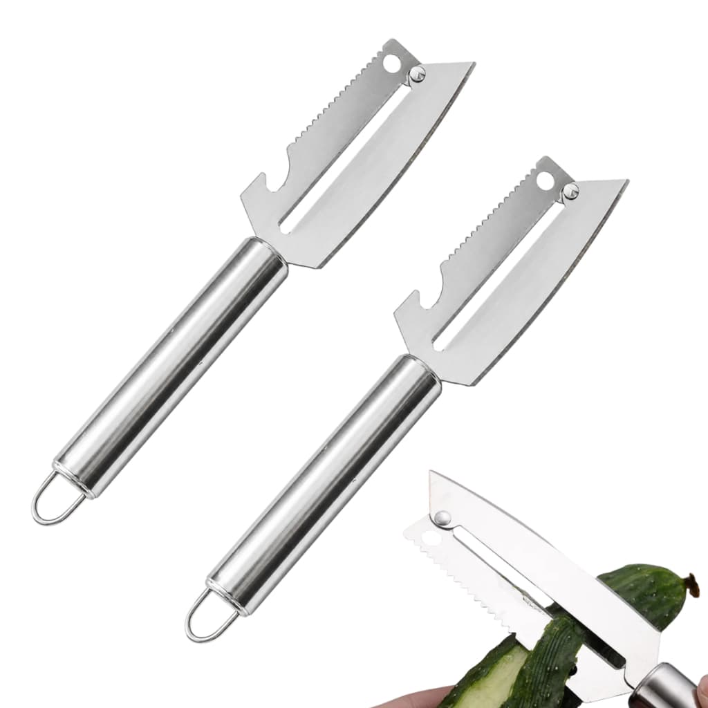 Kit 2 ou 3 Descascador de Legumes Multifuncional em Aço Inox Descasca Corta Abre Garrafas Descamador de Peixes