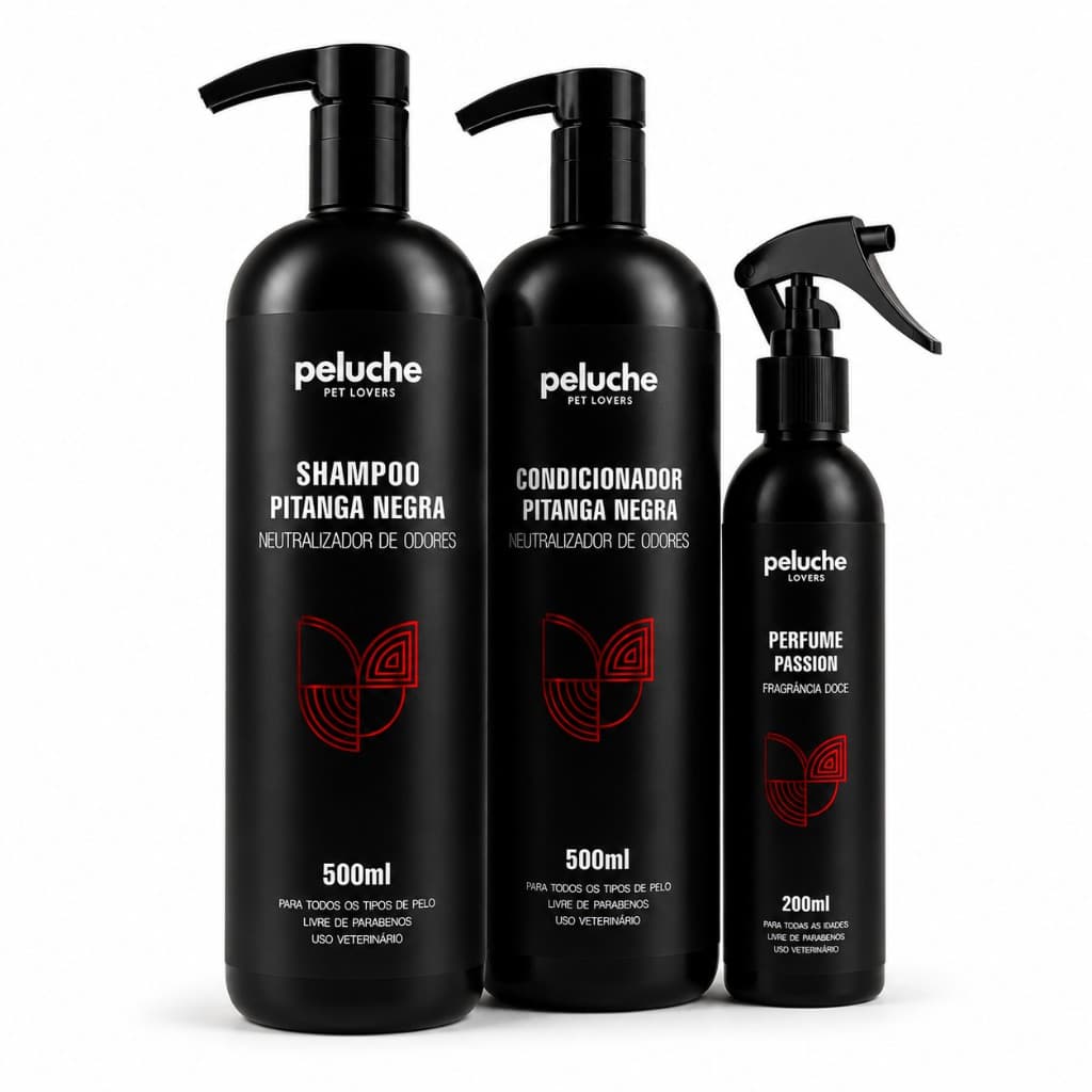 Shampoo Cães e Gatos + Condicionador + Perfume Passion para Cachorro Peluche Pitanga Negra 500ml Pet
