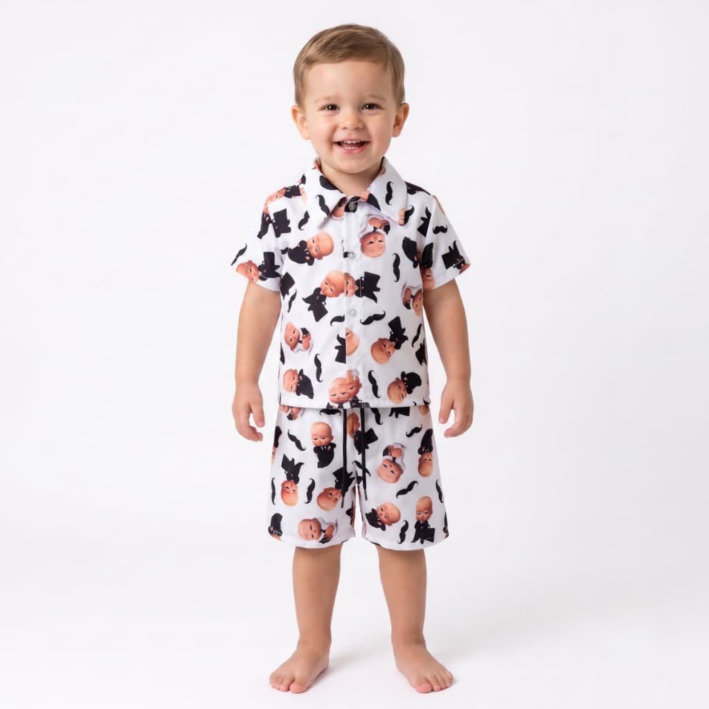 Conjunto Infantil Menino Mauricinho Tactel Camisa de Botão Short Verão Estampado 1, 2 e 3 anos