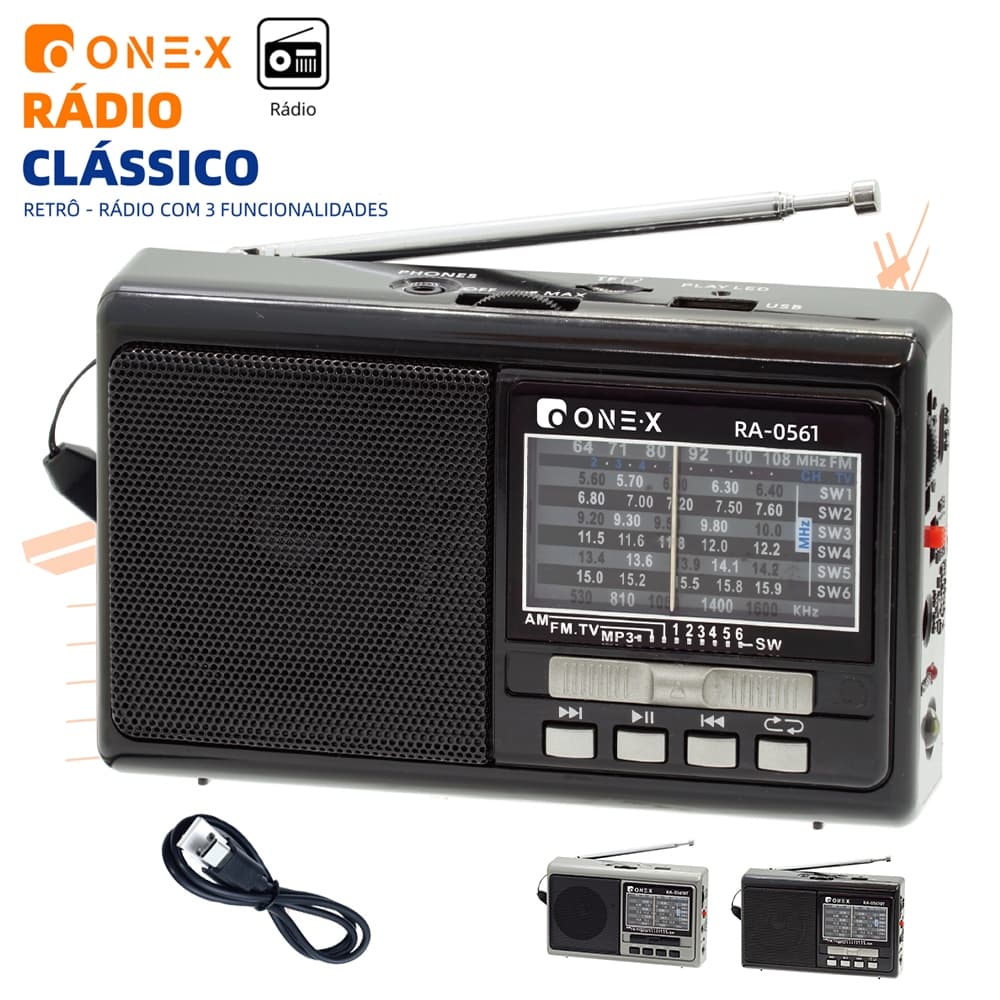 Rádio Portátil AM FM com USB TF MP3 , 3W Speaker, Antena, Pilha Recarregável Luz LED