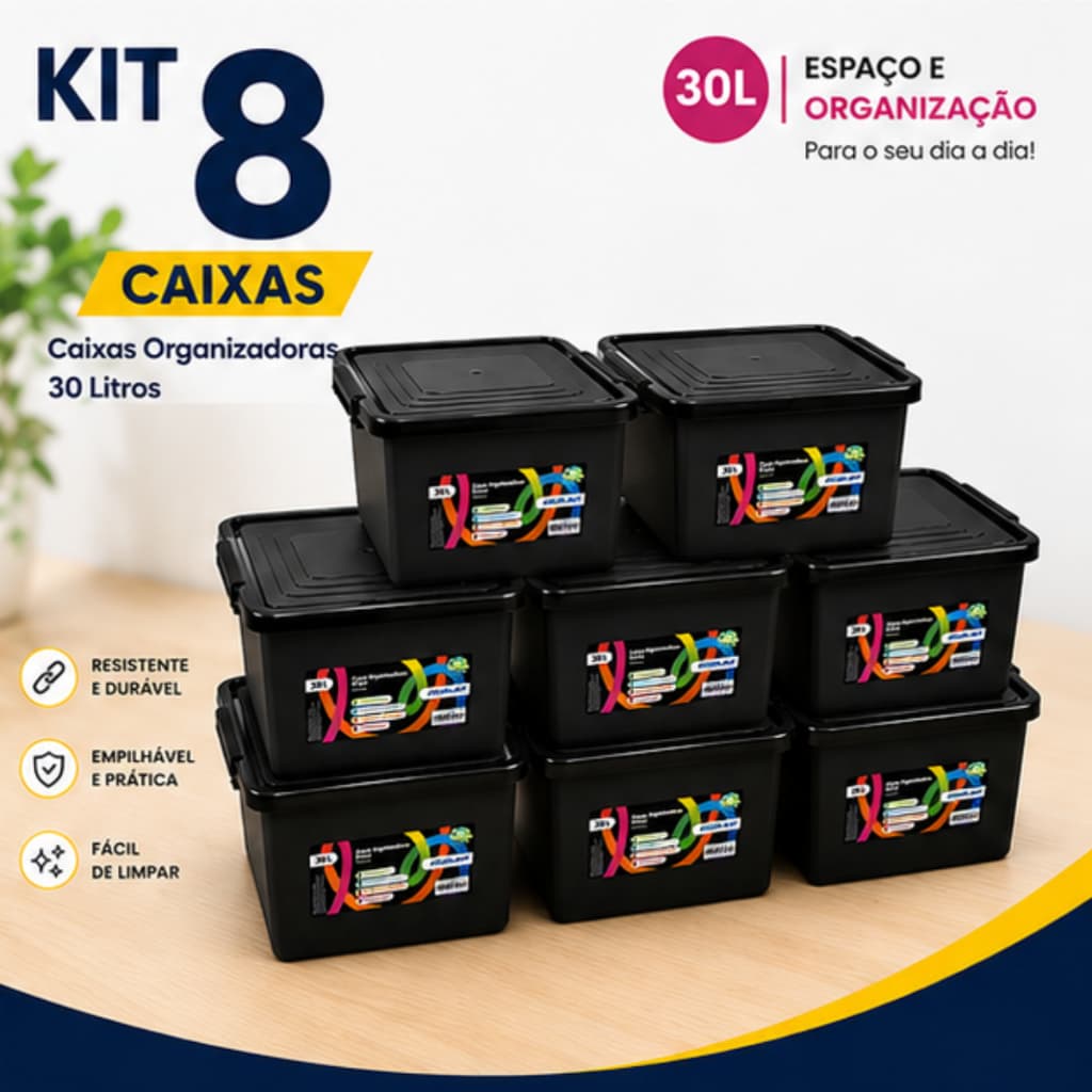 Jogo 8 Caixas Cesto 30 Litros Caixa Organizadora Multiuso Pretas Com Tampa e Trava Organizador Preto