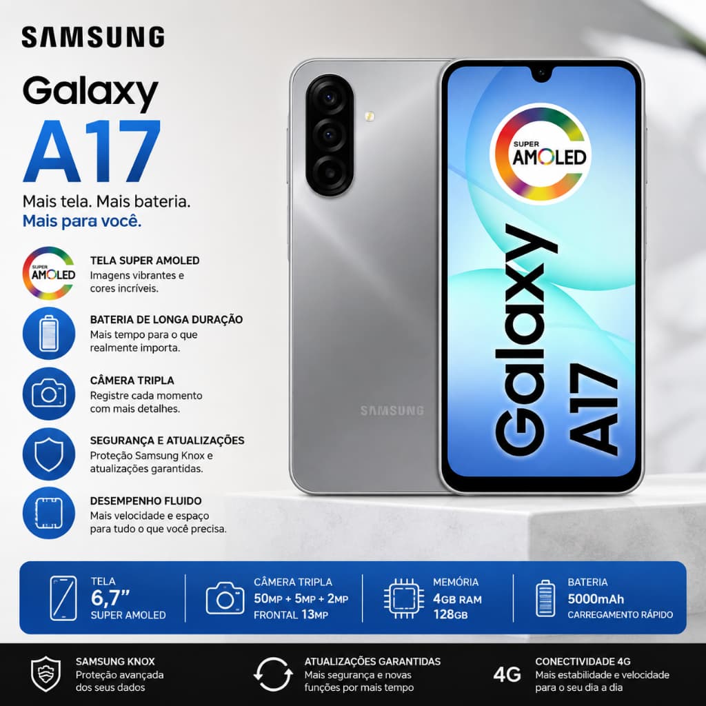 Smartphone Samsung Galaxy A17 4G 128GB Cinza Tela Super AMOLED 6,7" Câmera 50MP OIS 5000mAh Original