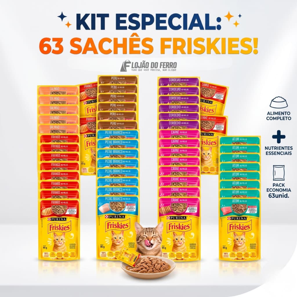 Friskies Ração Úmida Sachê 85g Sabores Sortidos Gatos Kit 63 Sachês