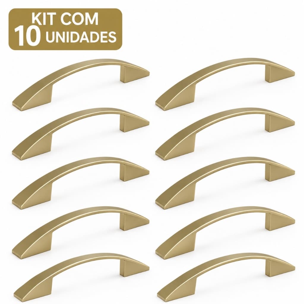 Kit 10 Puxadores IL 2092 Dourado Fosco 96mm Alça Curva Moveis Gavetas Armarios Portas
