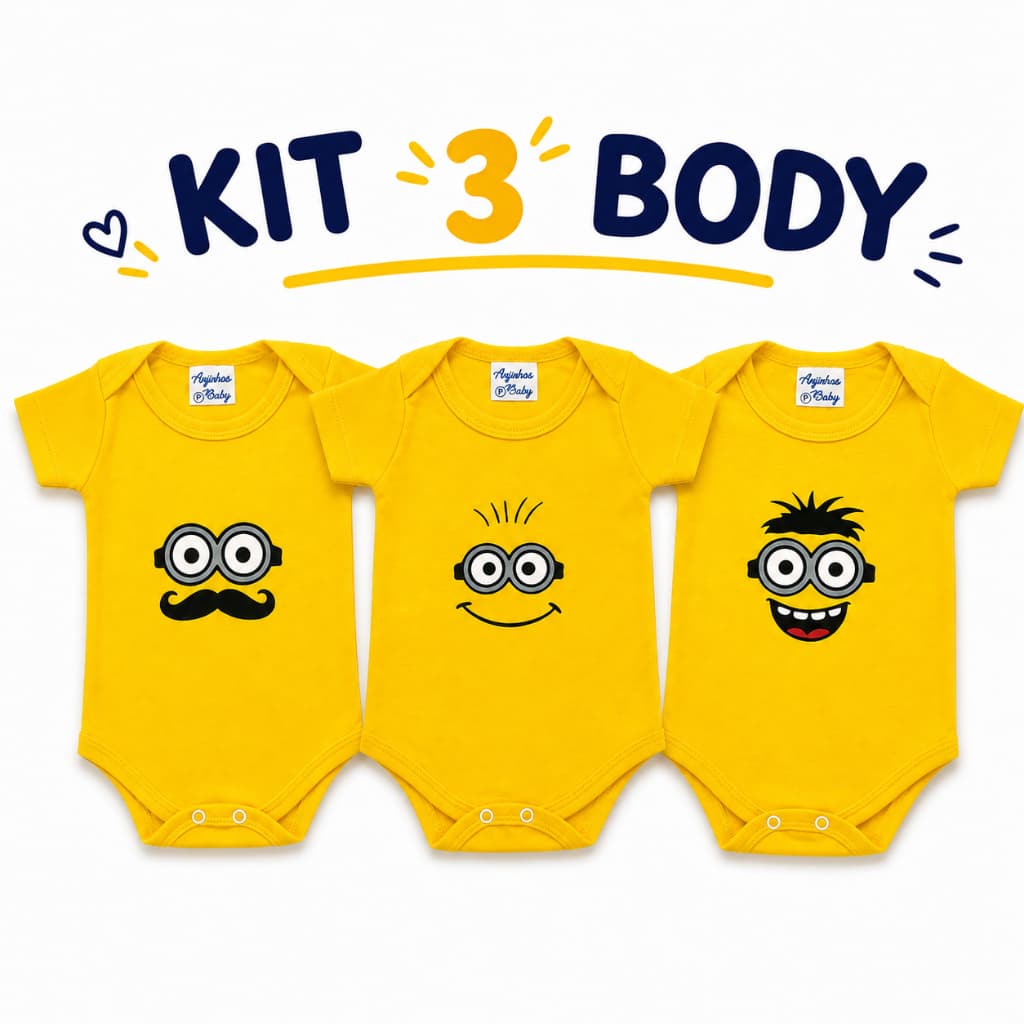 Kit 3 Body Bebê Minions Temático Fantasia Menino Menina 100% Algodão RN P M G