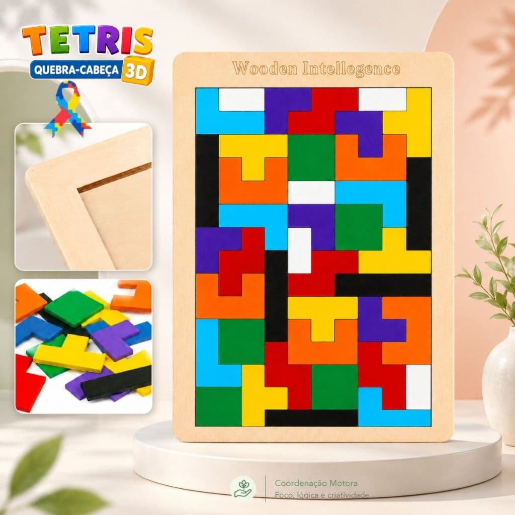 Tetris Quebra-Cabeça Tangram 3D Colorido Brinquedo Educativo Montessori em MDF