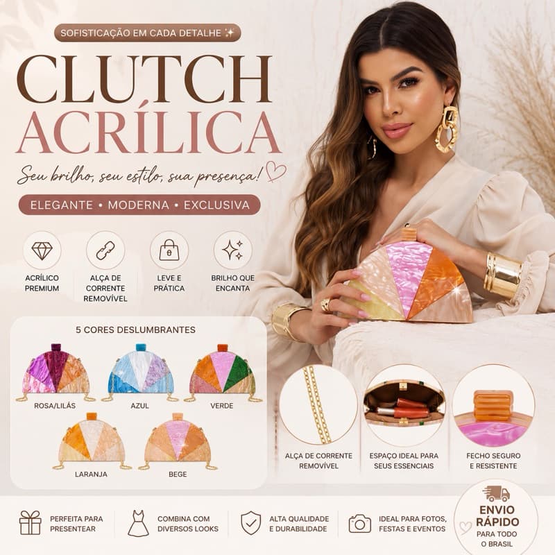 Clutch Acrílica Feminina Luxo | Bolsa de Festa Elegante com Alça de Corrente Removível 012