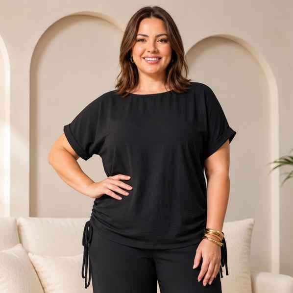 Blusa Drapeada Plus Size Feminina de Manga Curta Confortável e Leve para o Dia a Dia