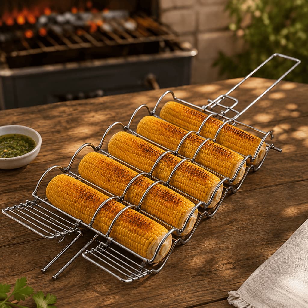 Grelha Para Pão de Alho e Milho Inox 60cm Churrasqueira Capacidade 10 Pães e 6 Espigas Resistente