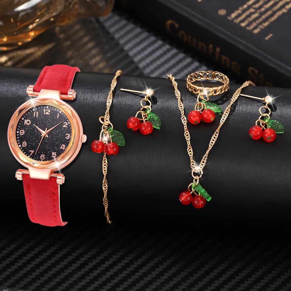 R: Relógio + Pulseira + Colar + Brinco + Anel  Kit Relógio Feminino Cereja Pulseira Colar Brinco Anel Elegante Presente