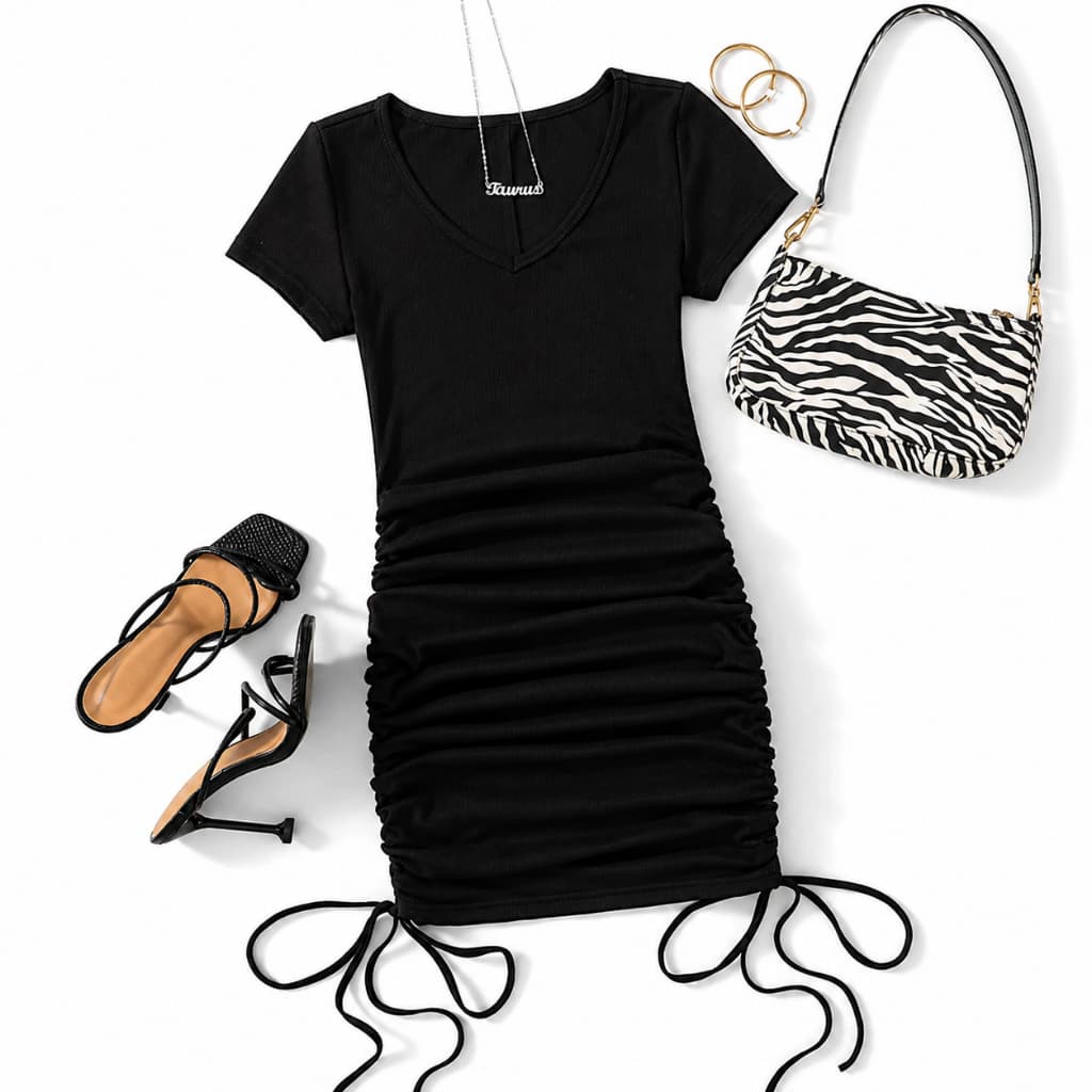 Vestido Canelado Feminino Com Manguinha Midi Gola Redonda Franzido Drapeado Com Amarras na Lateral