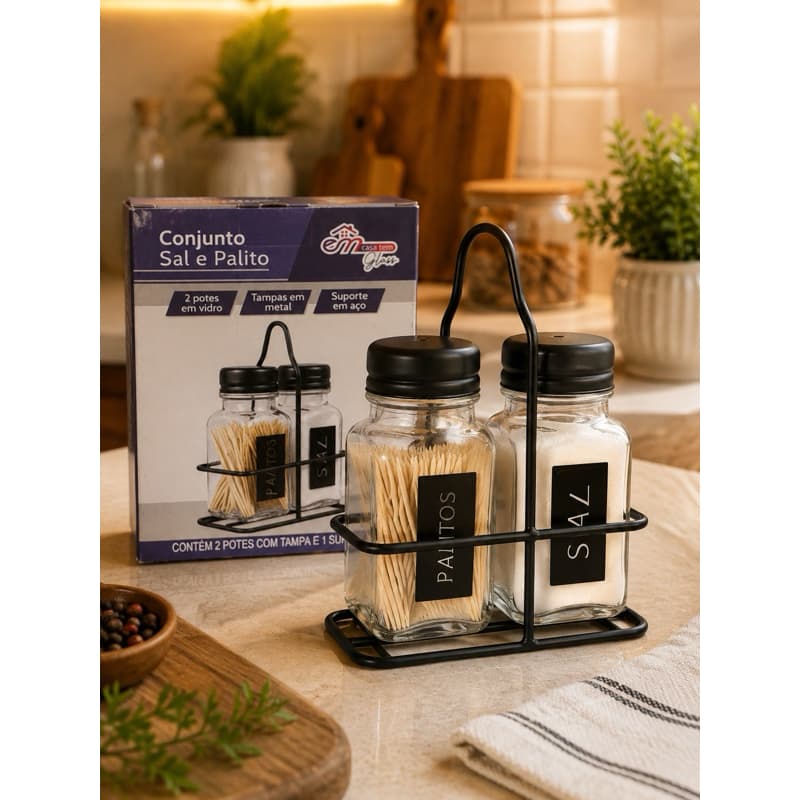 Kit Saleiro e Paliteiro de Vidro com Suporte de Aço | Porta Sal e Palitos para Mesa | Porta Tempero Elegante 2 Peças