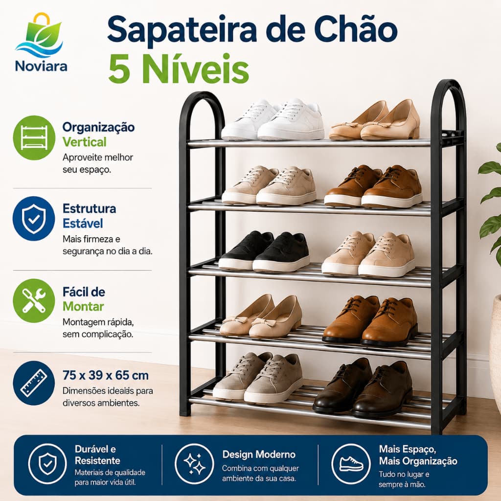 Sapateira Organizadora de Chão 5 Prateleiras, Estante de Metal Desmontável para Tênis e Calçados, Quarto e Entrada