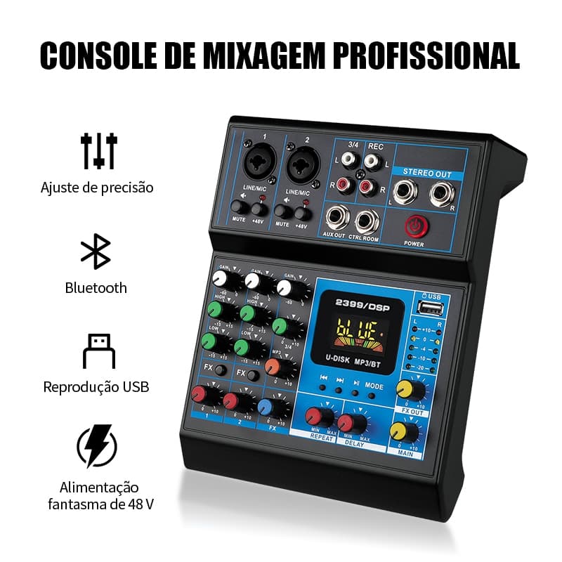 Mixer de Áudio Compacto Com Tela LED, Conexão XLR, Ideal para Shows e Karaokê