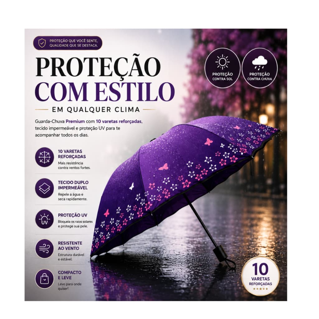 Guarda-Chuva Feminino Dobrável Automático Anti UV Compacto Resistente Corta Vento Impermeável Floral 6 Cores/ 10 varetas