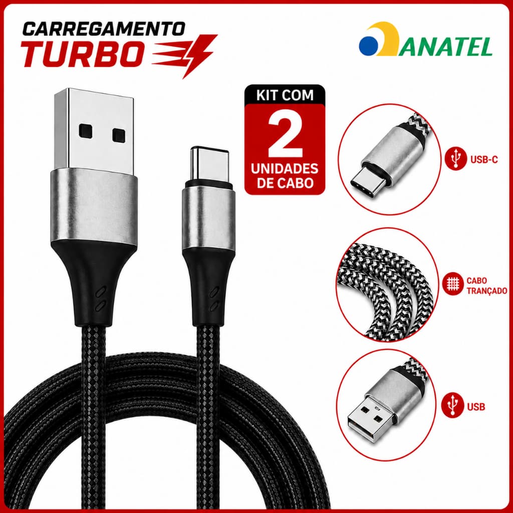 Kit 2 Cabos Carregador Tipo C 6A 120W Turbo 2 Metros Reforçado