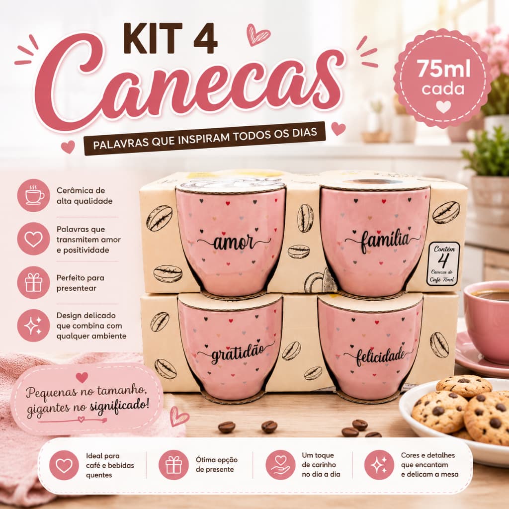 Conjunto 4 Mini Canecas de Cerâmica 75ml Frases Motivacionais Presente Café