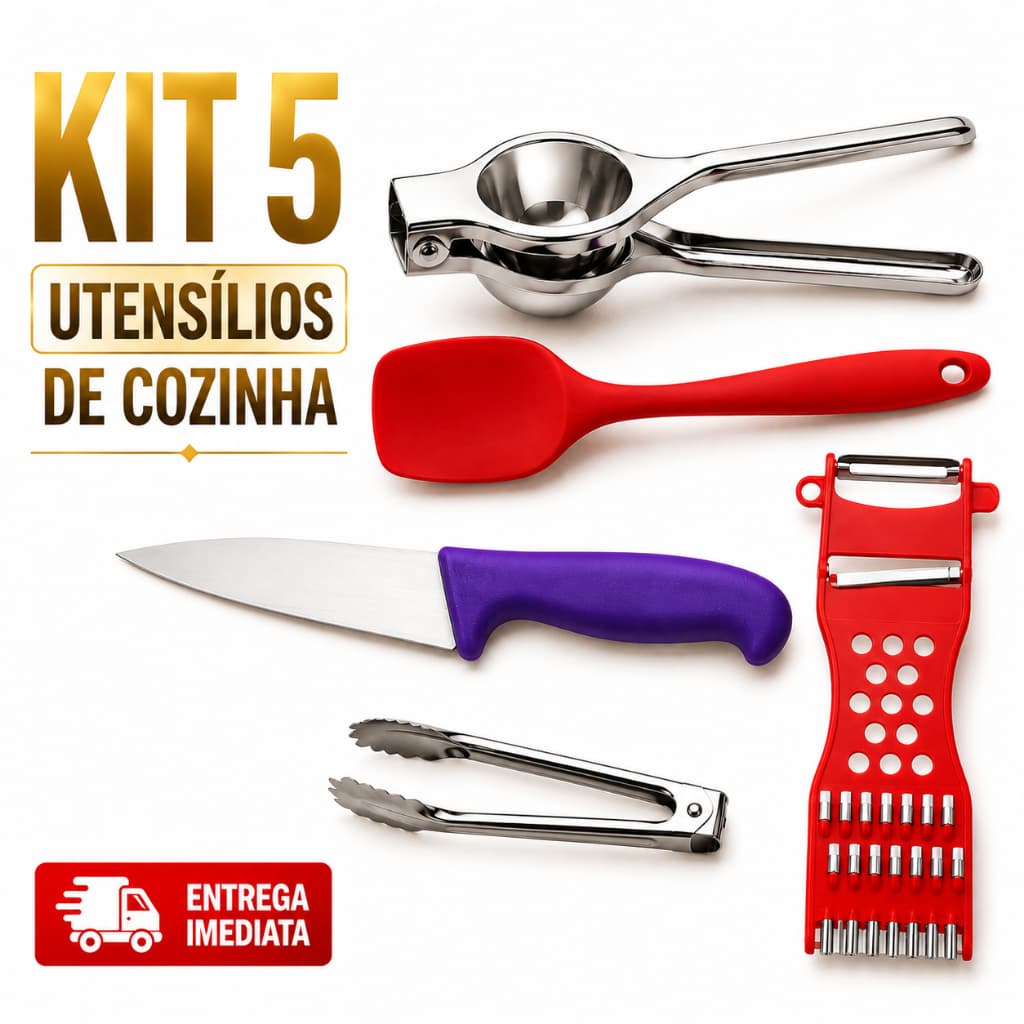 Kit 5 Utensilios Espremedor de Limão Espátula Silicone Faca Desossa Descascador de Legumes Pegador de Carne Resistente