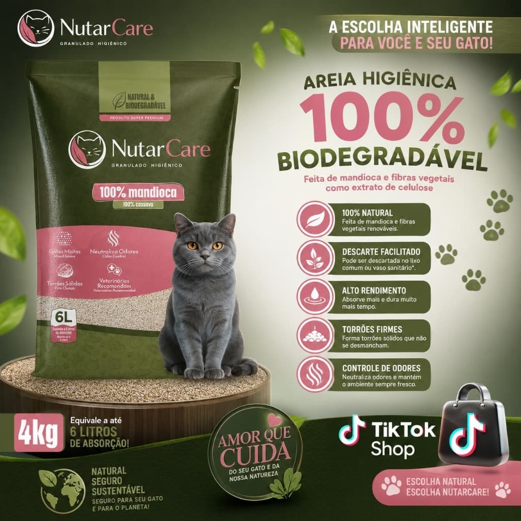 Areia Higiênica Biodegradável 4/8/12/20Kg NutarCare Grãos Mistos 100% Mandioca - (100% Natural)