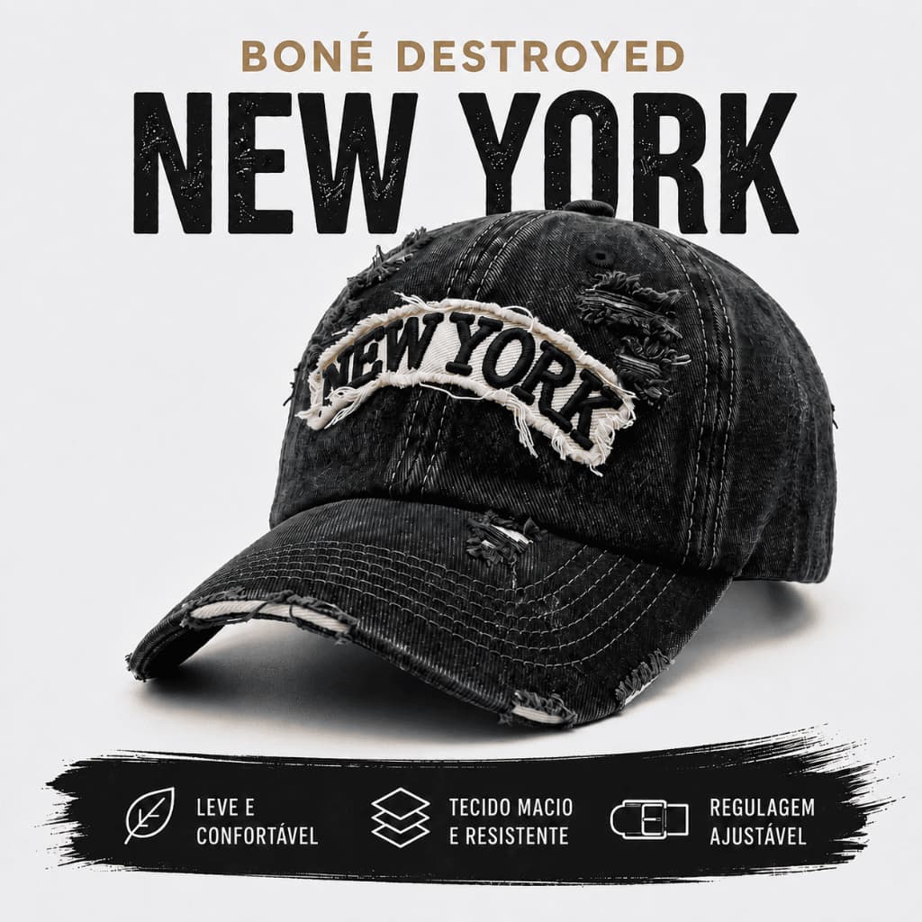 Boné New York Rasgadinho Dad Hat Aba Curva Regulagem Fitão Destroyed Bordado Premium Unissex