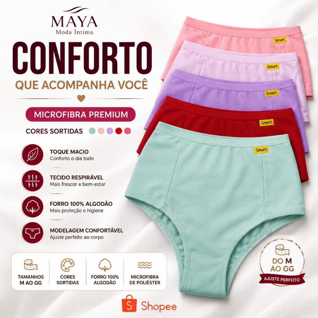 Calcinha Cintura Alta Feminina Microfibra Forro 100% Algodão Cores Sortidas Tamanhos M ao GG Confortável Dia a Dia