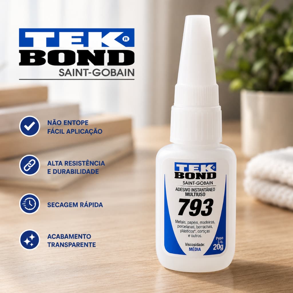 Kit adesivo de alta resistência Tekbond 793, 20g (embalagens com 2, 5 e 10 unidades), adequado para todos os materiais.