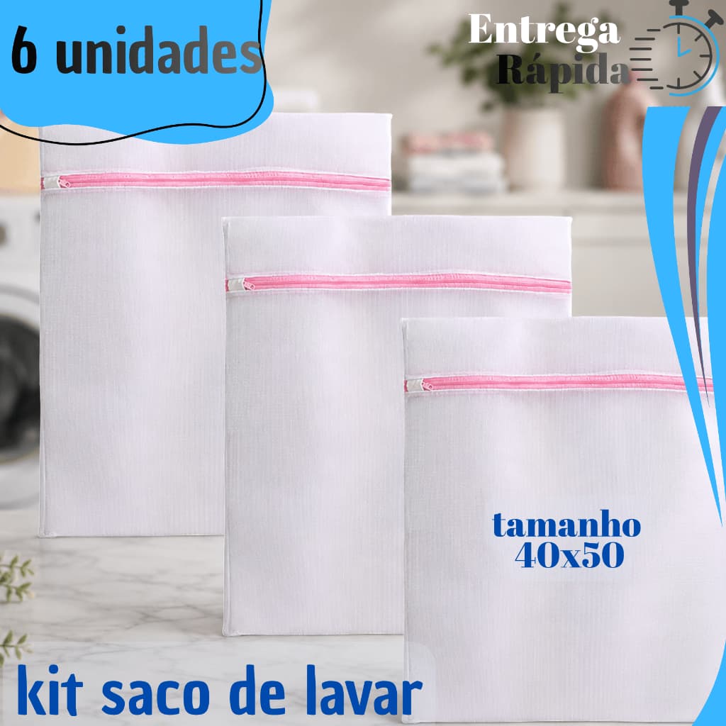 Kit 3 ou 6 Saco de Lavar Roupas com Ziper  P Roupa Delicadas Intima Protetor para Máquina Tanquinho Reutilizável Premium