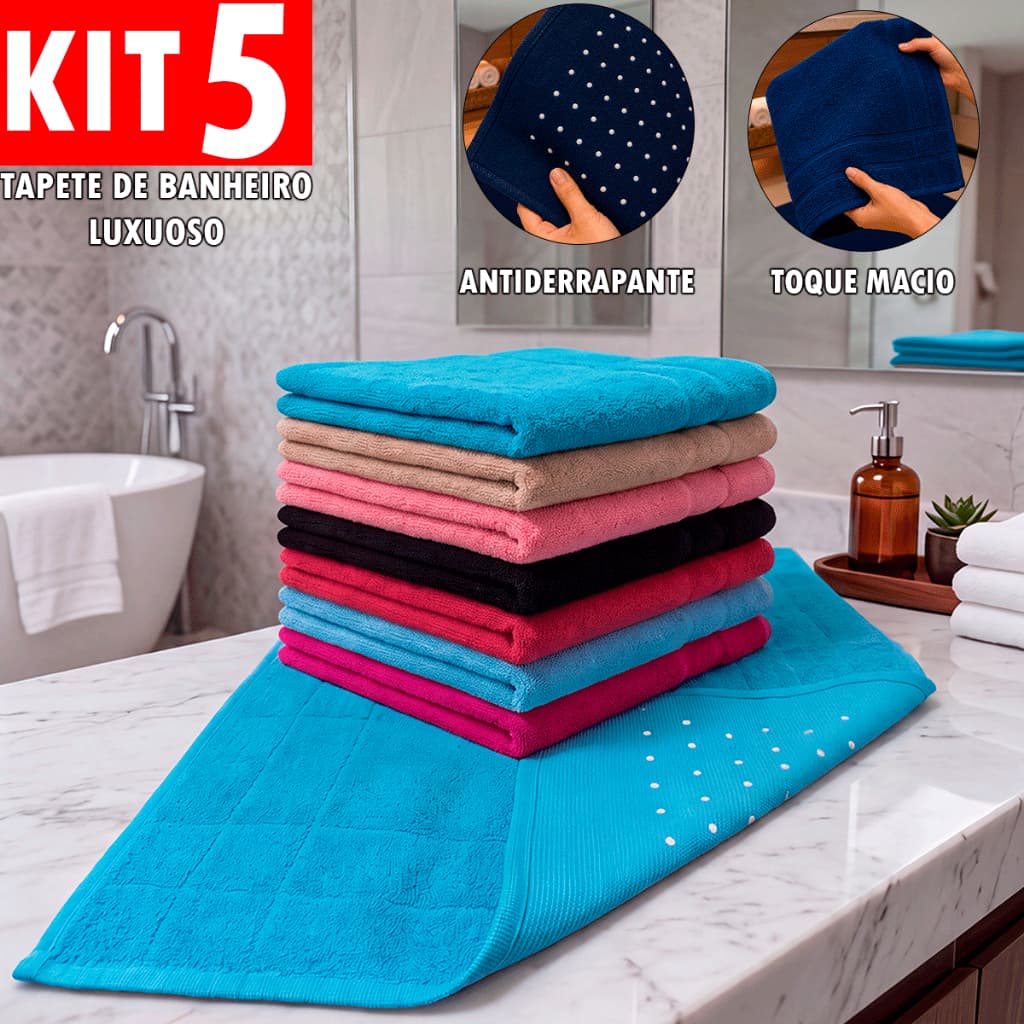 Kit 5 Tapete Luxuoso Antiderrapante de Banheiro 45x70 Super Absorvente 100% Algodão
